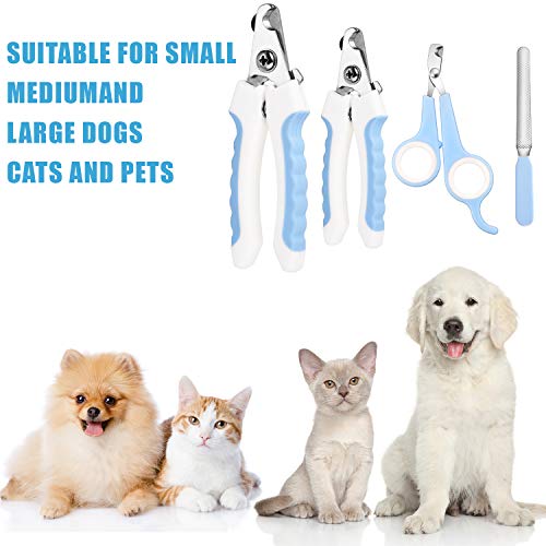 Mudder 4 Pieces Dog Nail Clippers Kit Dog Cat Pets Nail Clippers and Trimmers with Safety Guard to Avoid Over Cutting for Large Small Animals Pet Grooming (Blue and White)