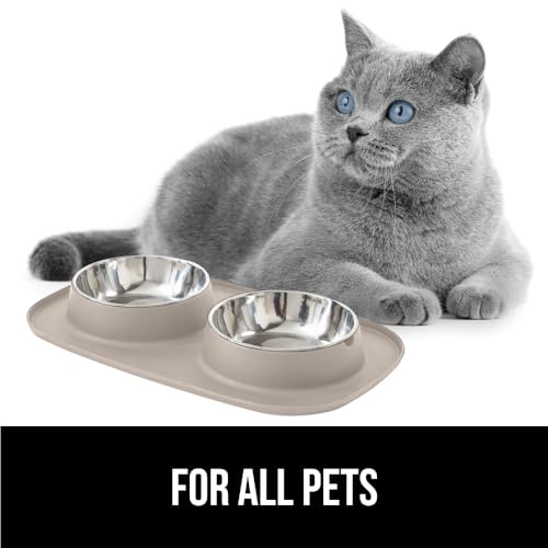 GORILLA GRIP Dog Bowl Set with Slip Resistant Silicone Feeding Mat, Food Grade 304 Stainless Steel Bowls, BPA Free, High Edge Spill Containment, Dishwasher Safe, Finger Notch Removal, 1 Cup, Beige - color: Beige, size: 1 Cup Bowls