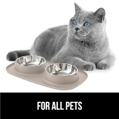 GORILLA GRIP Dog Bowl Set with Slip Resistant Silicone Feeding Mat, Food Grade 304 Stainless Steel Bowls, BPA Free, High Edge Spill Containment, Dishwasher Safe, Finger Notch Removal, 1 Cup, Beige - color: Beige, size: 1 Cup Bowls