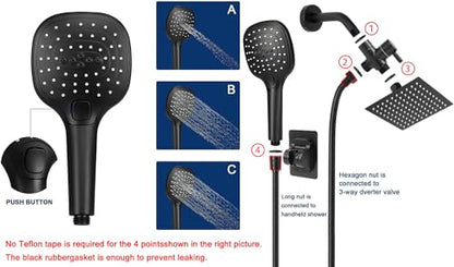 NearMoon Shower Head with Hose, High Pressure Stainless Steel Rain Shower and 3 Settings Handheld Spray Combo with Push Button Flow Control (8 Inch, Matte Black) - color: Matte Black, size: 8 Inch