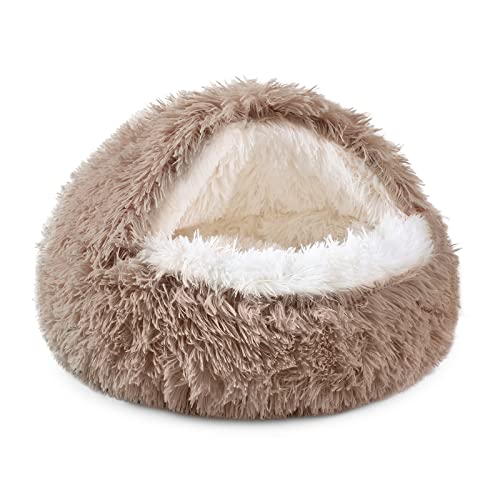 NOYAL Round Hooded Donut Dog Bed for Small & Medium Pets - Plush Fluffy Anti-Anxiety Cat Cave Bed with Cover - color: Brown, size: Medium 23.6''