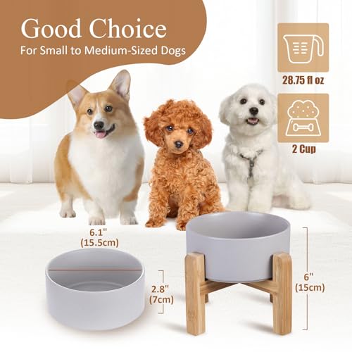 Ceramic Elevated Raised Cat Bowl with Wood Stand No Spill Pet Food Water Feeder Cats Small Dogs - color: Grey, size: Medium