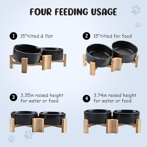 SPUNKYJUNKY 15° Slanted Ceramic Dog and Cat Bowl with Wooden Stand, Tilted Bulldog Food and Water Bowl No Slip Non-Spill for Cats Medium Dogs Big Face Pets 13.5 OZ (1.7 Cups, Black × 2) - color: Black, size: 1.7 CUPS × 2