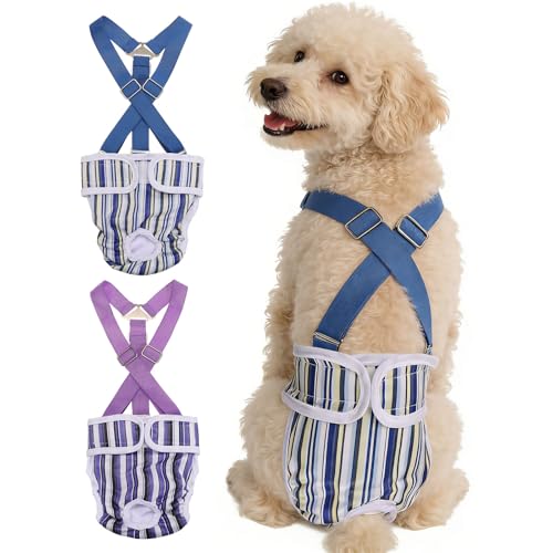 Washable Female Dog Diapers with Suspender, Reusable Dog Diapers Absorbent Leakproof(Striped Purple/Striped Blue S, 2Pcs), Intended for Female in Heat Cycle - color: Striped Purple/Striped Blue, size: S