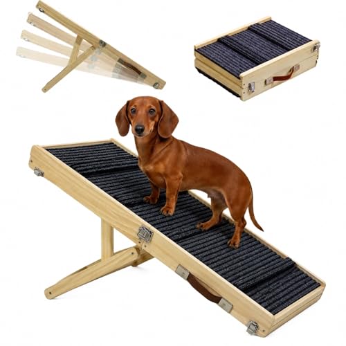 2026 Upgraded Foldable Small Dog Ramp for Couches, Wooden Small Dog Ramp for Sofa - 4 Adjustable Heights (12"-19"), Portable, Stable & Non-Slip, Wood - size: 80X30cm-Wood Color