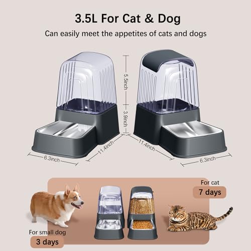 Automatic Dog and Cat Food Feeder and Water Dispenser Set with Stainless Steel Bowls,Gravity Pet Food and Water Feeders,100% BPA-Free,Large Capacity for Cats Dogs Pets…(3.5L Dark Gray) - color: 3.5L dark gray