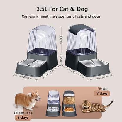 Automatic Dog and Cat Food Feeder and Water Dispenser Set with Stainless Steel Bowls,Gravity Pet Food and Water Feeders,100% BPA-Free,Large Capacity for Cats Dogs Pets…(3.5L Dark Gray) - color: 3.5L dark gray