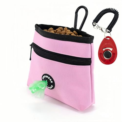 Dog Treat Pouch with Pet Training Clicker, Detachable Dog Puppy Training Treat Bag, 900D Oxford Cloth Magnetic Closure Small Dog Walking Bag for Travel or Outdoor Use - color: Pink
