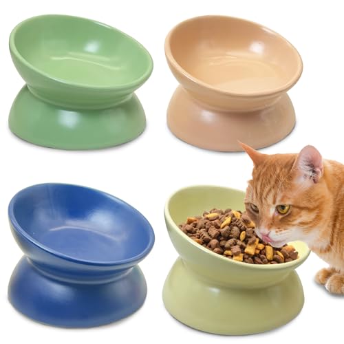 kathson 4 Pcs Ceramic Raised Cat Bowls, Elevated Tilted Cat Food Bowl, Anti Vomiting Pet Food Bowl, Colorful Porcelain Pet Feeder Dish for Cats and Small Dogs,Stress Free, Whisker Fatigue - size: Green,Light Yellow,Lotus Root Pink,Dark Blue