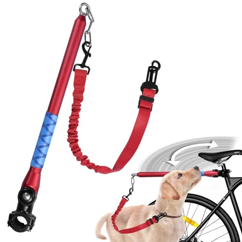 Bicycle Dog Leash for Riding, Hands Free 150° Rotating Built-in Shock Absorber Bike Retractable Leashes for Cycling, Elastic Nylon Adjusted Car Holder Seat Belt Rope (Red) - color: Red