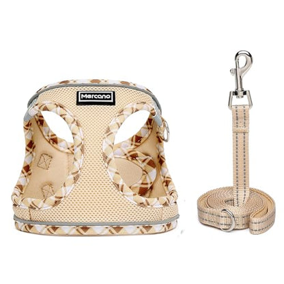 Mercano Soft Mesh Dog Harness and Leash Set, Step-in Reflective Breathable Lightweight Vest Harnesses with Safety Buckle for Small Dogs, Cats (Beige, M) - color: Beige, size: M (Chest: 15.2"-17.5")