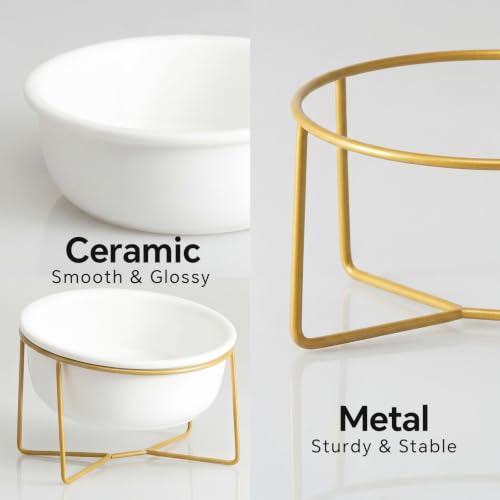 White Small Ceramic Tilted Elevated Cat Dog Bowl Raised Cat Food Water Bowl Dish Pet Comfort Feeding Bowls with Gold Iron Stand - color: White, size: Small