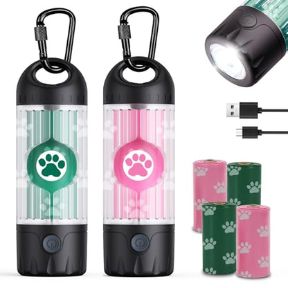 Tubasion 3-in-1 Dog Poop Bag Holder with Flashlight 7-Color, USB-C Rechargeable doggie bag holder for leash, IPX6 Waterproof Anti-Slip Clip Pet Waste Bag Dispenser for Walking (2 Dispensers, 60 Bags) - style: 2 Dispensers, 60 Bags