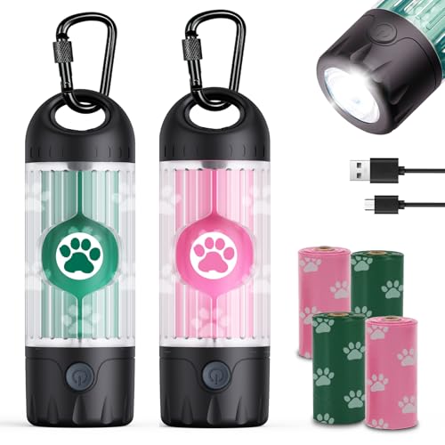 Tubasion 3-in-1 Dog Poop Bag Holder with Flashlight 7-Color, USB-C Rechargeable doggie bag holder for leash, IPX6 Waterproof Anti-Slip Clip Pet Waste Bag Dispenser for Walking (2 Dispensers, 60 Bags) - style: 2 Dispensers, 60 Bags