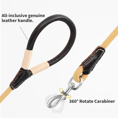 Mile High Life Dog Leash, Rope Leash with Genuine Leather Handle and Heavy Duty Metal Clasp, Great for Small Medium Large Dogs (Yellow, 4FT) - color: Leather Handle-Yellow, size: 48 Inch-1/2"