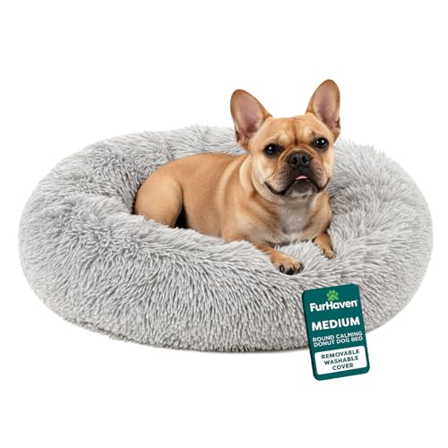 Furhaven 30" Round Calming Donut Dog Bed for Medium/Small Dogs, Refillable w/ Removable Washable Cover, Up to 45 lbs - Shaggy Plush Long Faux Fur Donut Bed -Mist Gray, Medium,30.0"L x 30.0"W x 10.0"Th - color: Mist Gray, size: Medium
