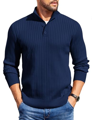 COOFANDY Mens Quarter Button Sweater Long Sleeve Stand Collar Sweaters Casual Knitted Ribbed Dress Pullover - color: Navy Blue, size: Medium