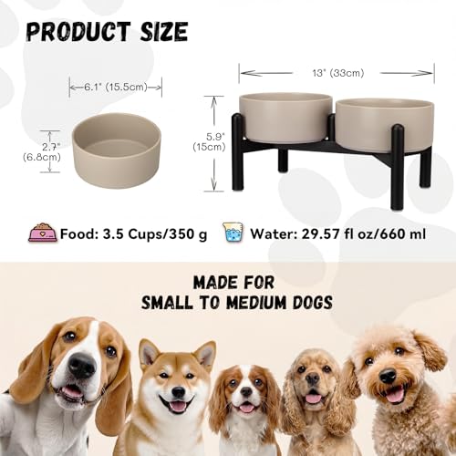 Raised Ceramic Dog Bowl Set - Elevated Double Dishes with Stainless Steel Stand - Food and Water Bowls for Small to Medium Dogs - Each Holds 3.5 Cups (29.57 fl oz) - Grey - color: Light Gray, size: 2 Bowls - 3.5 Cups Each