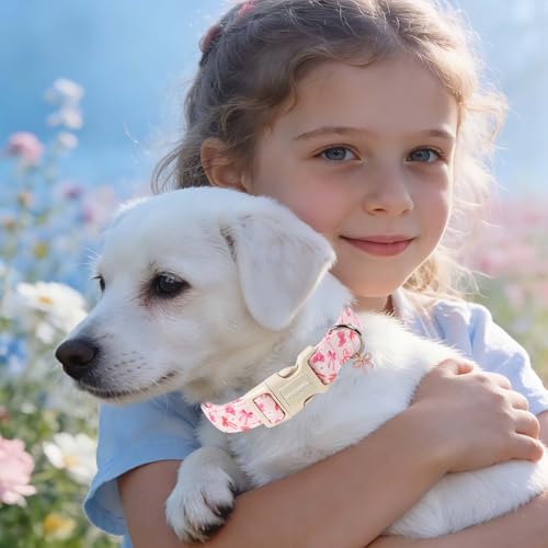 DOGWONG Pink Dog Collar, Cute Flower Girl Female Dog Collar Adjustable Soft Bowtie Print Pet Dog Collar Puppy Necklace for Small Dogs,XS - color: Flower Pinkbow, size: Extra Small