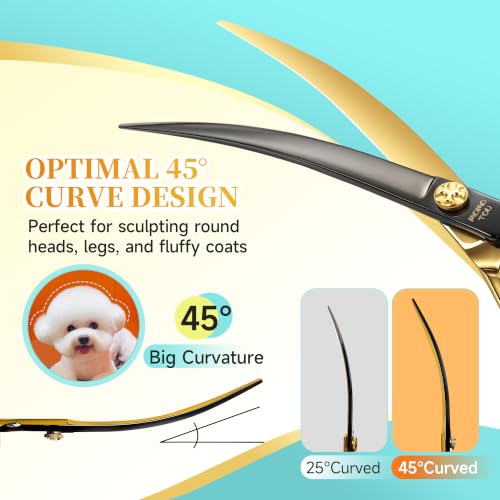 45° Super Curved Dog Grooming Scissors 7.5" | 440C Stainless Steel, CNC, Big Arc Curved, Sharp and Durable, Professional Groomers，Black & Gold，Adjustable Screw