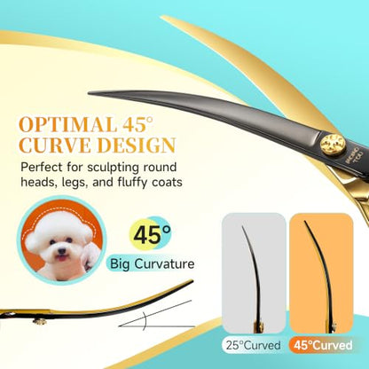 45° Super Curved Dog Grooming Scissors 7.5" | 440C Stainless Steel, CNC, Big Arc Curved, Sharp and Durable, Professional Groomers，Black & Gold，Adjustable Screw