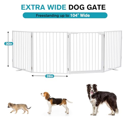 Snagle Paw Extra Wide Dog Gate,Free Standing Dog Fence with Door, Up to 104 Inch Wide Pet Gate with Support Feet for Stairs, Hallways, Doorways, Yard (White, 4 Panels) - size: Up to 104" W, 4 Panels, White