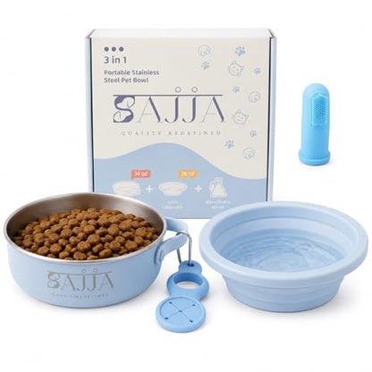 Blue Collapsible Travel Dog Bowl – BPA-Free Silicone & 18/8 Stainless Steel, Portable Non-Slip Food & Water Bowl with Handle, Bottle/Poop Bag Holder – Claim Your - color: Blue Bowl