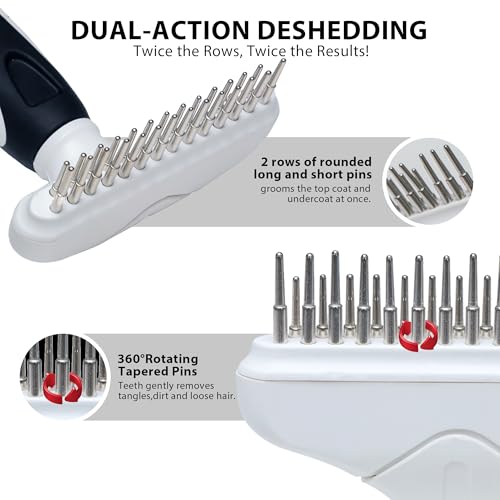 Dog Cat Grooming Tool Rake, Pet Dematting Tool with Stainless Steel Shedding Comb, Double Row Pet Rake Gently Remove Loose or Tangled Hair from Undercoat Black - color: Black