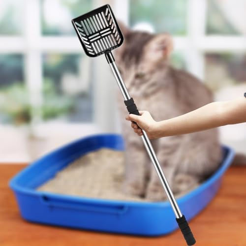 Hortsun 32 Inch Cat Litter Scooper Metal Long Handle with Cat Litter Scoop Holder Deep Kitty Sifter Shovel Detachable Stainless Steel Poop Sifter Scooper Caddy Kitty with Box(Black) - color: Black