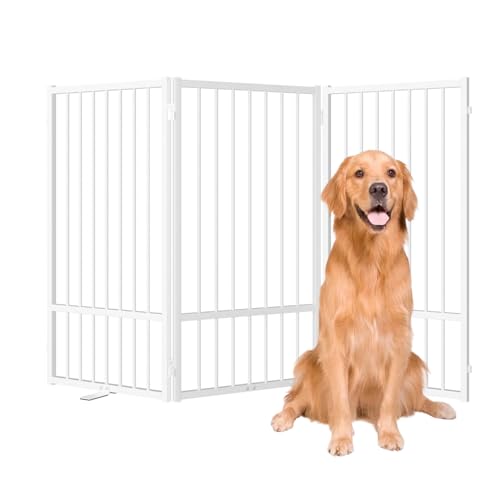 SNUOWU Full Metal Freestanding Dog Gate with Door, 36''Height Foldable Pet Dog Fence for Indoor & Outdoor, 3 Panels Extra Wide Free Standing TallDog Gates for Doorways,House,Stairs,Porch,Deck,Yard - color: White, size: 【3 Panels】60"W*36H"