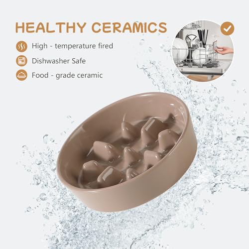 Havniva 6.1” Raised Slow Feeder Dog Bowls Set, 0.9 Cups Ceramic Slow Feeder Dog Bowl and 6.1” Dog Water Bowl with Elevated Wooden Stand Puzzle Dog Food Bowl for Small Dogs Anti-Gulping & Anti-Choking - color: 2 x Brown Coffee+Stand-C, size: 6.1inch