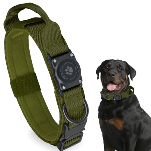 Tactical AirTag Dog Collar, 100% Waterproof Integrated Apple Air Tag Dog Collars with Hard PC AirTag Holder, Adjustable Military Collar with Handle, GPS Dog Collar for Medium Large Dogs(ArmyGreen,XL) - color: Army Green, size: XL (19.5-24.8'')