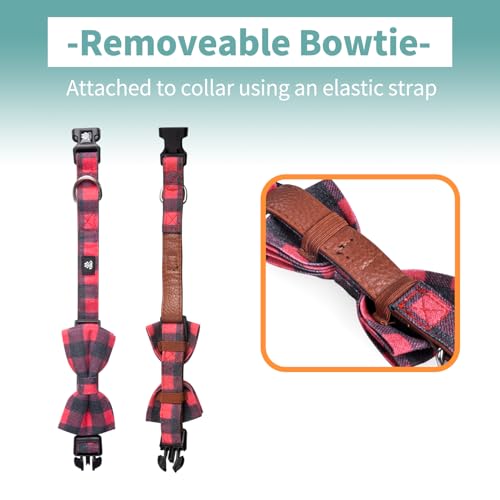 IVY&LANE Dog Collar with Bowtie and Leash Set | Plaid Adjustable Dog Collar | Detachable Bow Tie |5 FT Dog Leash | for Small Medium Large Dogs | Checkered Red | Small - color: Checkered Red, size: S