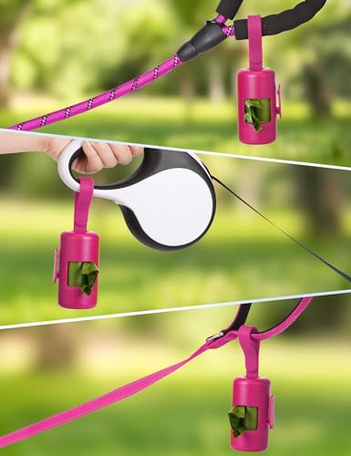 Gobeigo Dog Poop Bag Holder【Convenient Hook for Used Bags】【Silicone Strap Fits Any Leash】【Large Opening for Easy Dispensing】with 1 Roll Waste Bags (Hot Pink) - color: Hot Pink