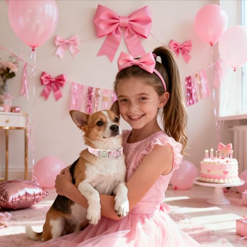 DOGWONG Pink Plaid Dog Collar-Cute Pink Bowtie Print Dog Collar, Adjustable Cotton Girl Female Pet Collar Pink Puppy Collars with Quick Release Buckle,XS - color: A: Pink bow, size: X-Small