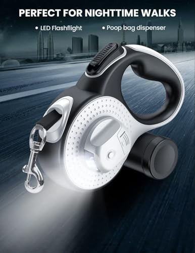 Retractable Dog Leash with LED Light for Night Walking – 16ft Tangle-Free Leash with Poop Bag Dispenser, One-Button Lock, Reflective Handle