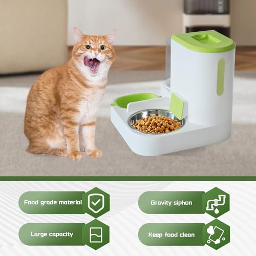 2 in 1 Automatic Cat Feeder & Water Dispenser,Gravity Pet Feeder Stainless Steel Food Water Bowl All-in-One Large Capacity Self Feeding for Cats Dogs Small Medium Pets(Green) - color: 【Green】