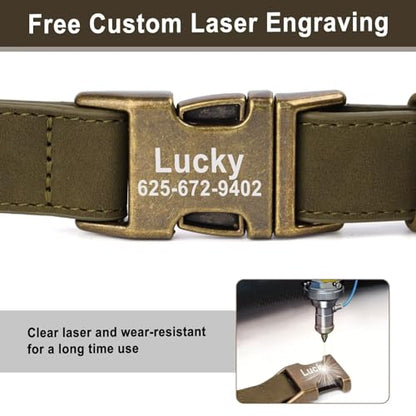 Personalized Dog Collars for Small Dogs, Custom Soft PU Leather Dog Collar with Engraved ID Name and Number, Adjustable & Durable Pet Collars with Quick Release Metal Buckle,S(10-16") - color: Deep Green-Engraving, size: Small: Fit 10-16" Neck