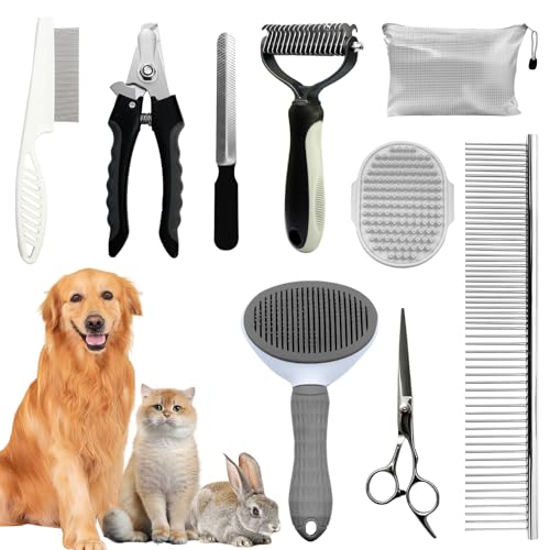 Dog Brush & Grooming Kit – 9-Piece Pet Brush & Deshedding Set for Shedding, Bathing, Trimming & Nail Care | Grooming Tools for Dogs & Cats, Includes Comb, Nail Clipper, Scissors, Slicker Brush (Gray) - color: Gray, size: 9 PACK