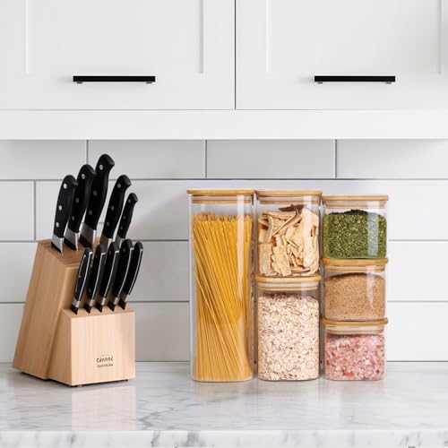 ComSaf Food Storage Containers with Airtight Lids Set of 6, Clear Glass Canister Food Jar with Sealing Lid Kitchen Pantry Storage Container for Spaghetti Pasta Sugar Flour Oat Cereal Beans, Square - size: 0.6Qt*3/0.8Qt*1/1.2Qt*1/2.2Qt*1