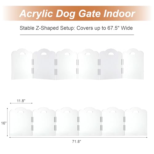 Transparent Acrylic Dog Gate Indoor, Free-Standing Pet Gate, 16" Height (Size S) Foldable 6 Modular Panels, Dog Fence for Doorways, Hallways, Stairs, No Drilling, Perfect for Puppies and Small Pets - size: S 6 Panel