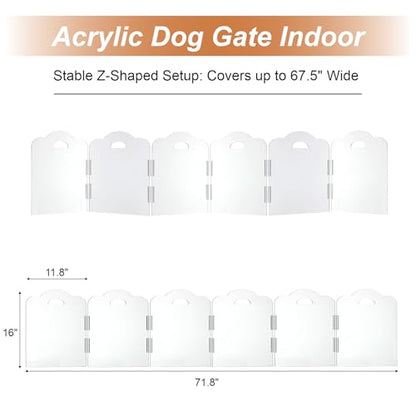 Transparent Acrylic Dog Gate Indoor, Free-Standing Pet Gate, 16" Height (Size S) Foldable 6 Modular Panels, Dog Fence for Doorways, Hallways, Stairs, No Drilling, Perfect for Puppies and Small Pets - size: S 6 Panel