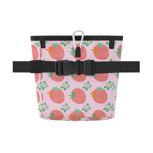 Strawberry Water-Resistant Dog Treat Pouch, 3 Ways to Wear Treat Bag with Magnetic Closure & Reflective Strip, Hands-Free for Pet Training, Walking