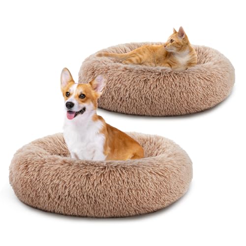 DUMOS 24.8x24.8 Inch Calming Donut Dog Beds for Medium Dogs, Machine Washable Cuddler Warming Cozy Fluffy Faux Fur Plush Round Pet Bed, Anti-Slip Bed for Indoor Dogs and Cats, Brown(2 Pack)