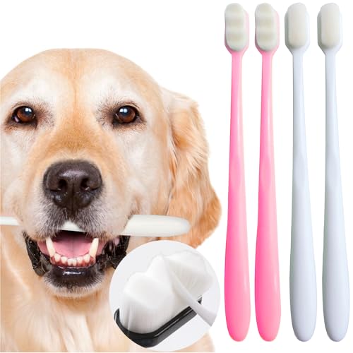Dog Toothbrush Kit 4 Pack, Ultra Soft Dog Tooth Brush for Medium to Large Dogs & Cats, Pet Tooth Brushing Kit for Easy Dental Cleaning, Soft Bristles, 2 Pink Wave Head & 2 White Flat Head - style: Medium to large dogs(4pcs,white-pink)