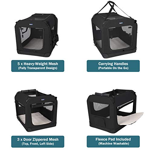 Veehoo Folding Soft Dog Crate, 3-Door Pet Kennel for Crate-Training Dogs, 5 x Heavy-Weight Mesh Screen, 600D Cationic Oxford Fabric, Indoor & Outdoor Use, 20", Black