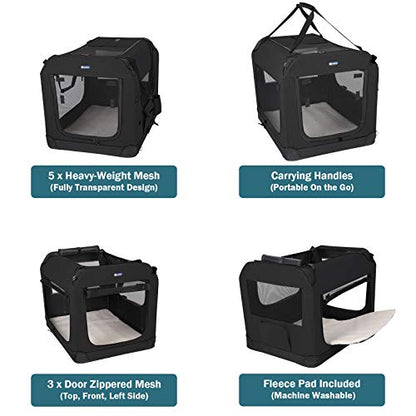 Veehoo Folding Soft Dog Crate, 3-Door Pet Kennel for Crate-Training Dogs, 5 x Heavy-Weight Mesh Screen, 600D Cationic Oxford Fabric, Indoor & Outdoor Use, 20", Black