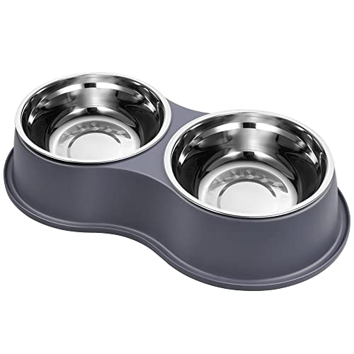 Epetslove Dog Bowl Double Dog Water and Food Bowl Stainless Steel Bowls with Non-Slip Resin Station, Pet Feeder Bowls for Puppy Medium Dogs Cats - color: 4.Grey, size: Medium-18oz