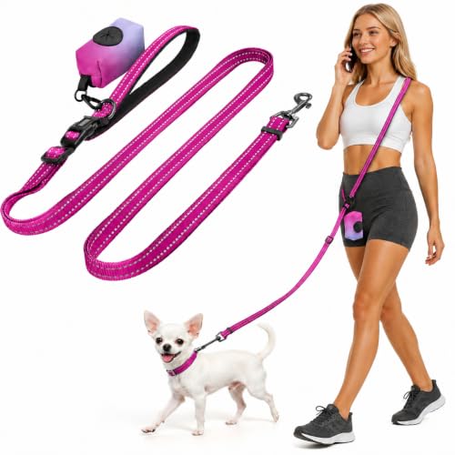 Kazazoo Hands-Free Dog Leash with Poop Bag Holder, Adjustable 4-7 Ft Waist for Dog Walking, Running for Small Dogs with Reflective Strips, Nylon Waist Belt, Hotpink - color: Hotpink