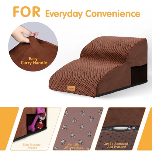 Topmart High Density Extended Foam Dog Ramp&Steps 2 Tiers,11.8" High,Non-Slip Dog Stairs,Soft Foam Pet Ladder with Removable Cover,Best for Injured,Older Cats,Pets with Joint Pain - color: Brown, size: 21.7*15.7*11.8